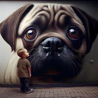 mopshond en kind in voorkant van een graffiti Aan de muur., ai generatief beeld foto