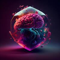 kunstmatig intelligentie- concept. 3d illustratie van menselijk hersenen in neon licht., ai generatief beeld foto