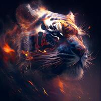 tijger gezicht met brand vlammen Aan donker achtergrond. 3d weergave, ai generatief beeld foto