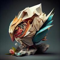 papier origami vogel met bloemen Aan een grijs achtergrond. 3d weergave, ai generatief beeld foto