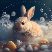 schattig weinig konijn in de water met bubbels Aan een donker achtergrond, ai generatief beeld foto