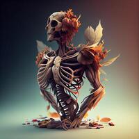menselijk skelet en herfst bladeren. halloween concept. 3d illustratie., ai generatief beeld foto