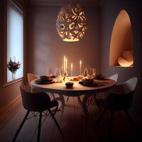 interieur van een dining kamer met houten tafel, 3d veroorzaken, ai generatief beeld foto