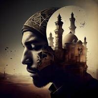 Arabisch Mens met moskee in de achtergrond. 3d illustratie., ai generatief beeld foto