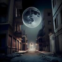halloween nacht in oud stad- met vol maan. 3d weergave, ai generatief beeld foto