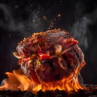 hamburger in vlammen Aan een zwart achtergrond. de concept van snel voedsel., ai generatief beeld foto