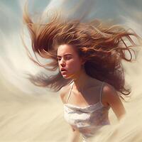 portret van een mooi meisje met vliegend haar- in de wind., ai generatief beeld foto