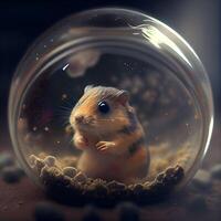 hamster in een glas pot Aan een donker achtergrond. 3d weergave, ai generatief beeld foto