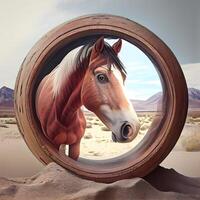 paard in een ronde wiel in de woestijn. 3d weergave, ai generatief beeld foto