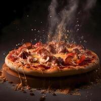 plak van pizza Aan een zwart achtergrond met een plons van saus, ai generatief beeld foto