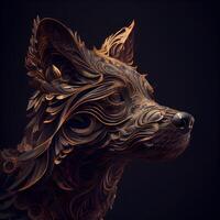 abstract portret van een Duitse herder hond met gouden ornament Aan de zwart achtergrond, ai generatief beeld foto