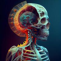 menselijk skelet anatomie met nerveus systeem, blauw achtergrond. 3d weergave, ai generatief beeld foto