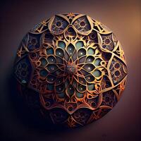 ornament mooi kaart met mandala. meetkundig cirkel element gemaakt in 3d software, ai generatief beeld foto