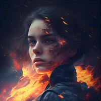 fantasie portret van een mooi vrouw met rood brand Aan haar gezicht., ai generatief beeld foto