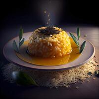 pompoen risotto Aan een donker achtergrond. 3d weergave, ai generatief beeld foto