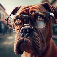 hondje de Bordeaux met bril Aan de achtergrond van de stad, ai generatief beeld foto