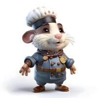 3d renderen van een tekenfilm muis chef met een pet en uniform, ai generatief beeld foto