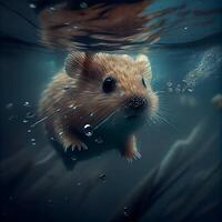 hamster zwemmen in de water. onderwater- wereld. 3d weergave, ai generatief beeld foto