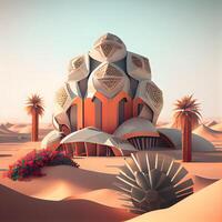 3d renderen van moskee in de woestijn met palm bomen en zand, ai generatief beeld foto