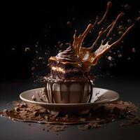 chocola pudding met spatten en chocola stukken Aan een zwart achtergrond, ai generatief beeld foto