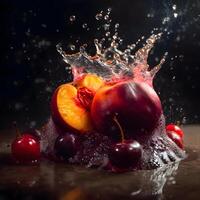 rood granaatappel in water plons, geïsoleerd Aan zwart achtergrond, ai generatief beeld foto