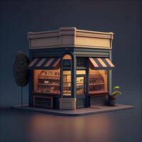 3d illustratie van een bakkerij winkel Aan een donker achtergrond foto