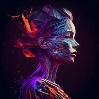 3d renderen van een vrouw gezicht met kleurrijk abstract haar- ontwerp geïsoleerd Aan zwart achtergrond foto