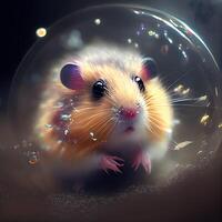 hamster in een bubbel van licht Aan een zwart achtergrond. 3d renderen foto