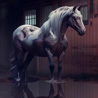 paard in een stal met reflectie in water. 3d renderen foto