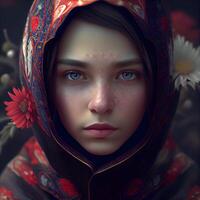 mooi meisje met rood bloemen in haar haar. 3d renderen foto