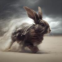 konijn rennen Aan de zand met wolken in de achtergrond, 3d renderen foto