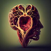 menselijk hersenen met bloedsomloop systeem. 3d illustratie. wijnoogst stijl. foto