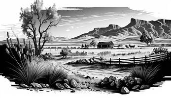 ai gegenereerd. ai generatief. inheems Amerikaans western tafereel achtergrond met en rotsen landschap. kan worden gebruikt voor huis decoratie. wild westen. zwart en wit. grafisch kunst foto