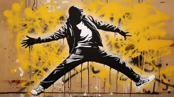 ai gegenereerd. ai generatief. straat kunst graffiti van dansen persoon muziek- ritme. geïnspireerd door banksy ondergronds cultuur. grafisch kunst foto