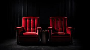ai gegenereerd. ai generatief. romantisch liefde twee stoelen voor lief paar Bij privaat bioscoop film theater dichtbij omhoog fotografie. grafisch kunst foto