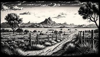 ai gegenereerd. ai generatief. inheems Amerikaans western tafereel achtergrond met en rotsen landschap. kan worden gebruikt voor huis decoratie. wild westen. zwart en wit. grafisch kunst foto