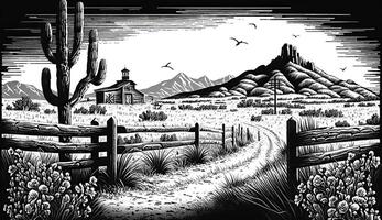 ai gegenereerd. ai generatief. inheems Amerikaans western tafereel achtergrond met en rotsen landschap. kan worden gebruikt voor huis decoratie. wild westen. zwart en wit. grafisch kunst foto