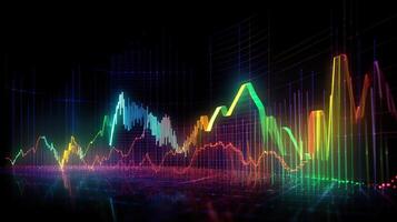 ai gegenereerd. ai generatief. financiën voorraad forex diagram afzet geld neiging volume inkomen Gaan omhoog en omlaag. kan worden gebruikt voor illustratie van analyse financiën verklaringen. grafisch kunst foto