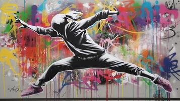 ai gegenereerd. ai generatief. straat kunst graffiti van dansen persoon muziek- ritme. geïnspireerd door banksy ondergronds cultuur. grafisch kunst foto