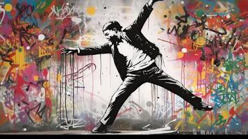 ai gegenereerd. ai generatief. straat kunst graffiti van dansen persoon muziek- ritme. geïnspireerd door banksy ondergronds cultuur. grafisch kunst foto