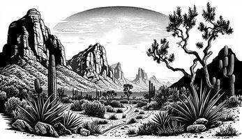 ai generatief. ai gegenereerd. berg woestijn Texas landschap. wild west western avontuur onderzoeken inspirerend uitstraling. grafisch kunst foto