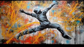 ai gegenereerd. ai generatief. straat kunst graffiti van dansen persoon muziek- ritme. geïnspireerd door banksy ondergronds cultuur. grafisch kunst foto