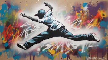 ai gegenereerd. ai generatief. straat kunst graffiti van dansen persoon muziek- ritme. geïnspireerd door banksy ondergronds cultuur. grafisch kunst foto