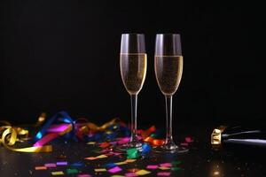 Champagne bril en kleurrijk slingers en schitteren confetti Aan een gelukkig nieuw jaar achtergrond gemaakt met generatief ai technologie. foto