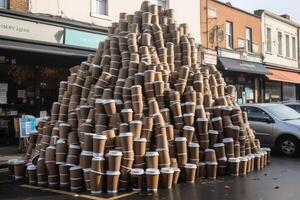 een reusachtig stapel van beschikbaar koffie cups in voorkant van een cafe gemaakt met generatief ai technologie. foto