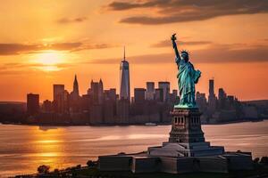 horizon van Manhattan gedurende zonsondergang in nieuw york met de groot standbeeld van vrijheid gemaakt met generatief ai technologie. foto