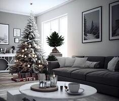 klassiek Kerstmis interieur met nieuw jaar boom versierd, haard en presenteert onder de boom. generatief ai. foto