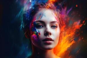 portret van een mooi vrouw met kleurrijk spatten gemaakt met generatief ai technologie. foto