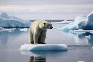 een verdrietig polair beer Aan een klein ijs ijsschots gemaakt met generatief ai technologie. foto