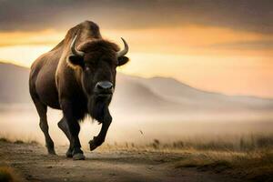 bizon wandelen Aan de weg Bij zonsondergang ai genereren foto